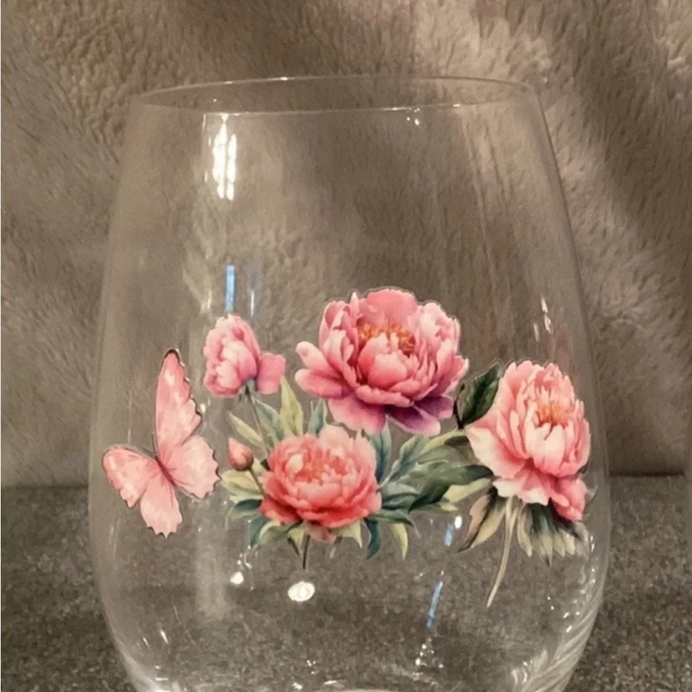 Wine Glasses Stemless Cottagecore Hand Decorated Set Of 4 Floral Peony & Roses